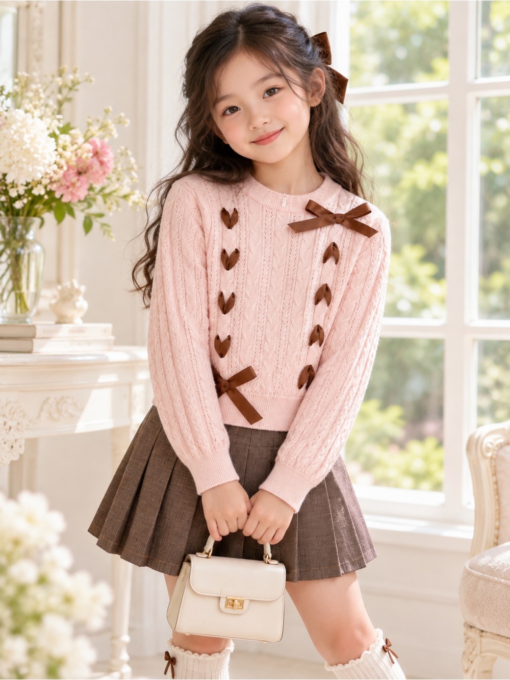 Katie J NYC Libby Sweater Women's Pink Bow Lace-Up Size S (7-8Y) NWT